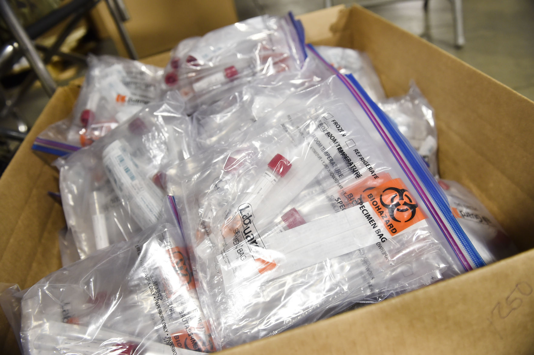 A box full of assembled COVID-19 testing kits.